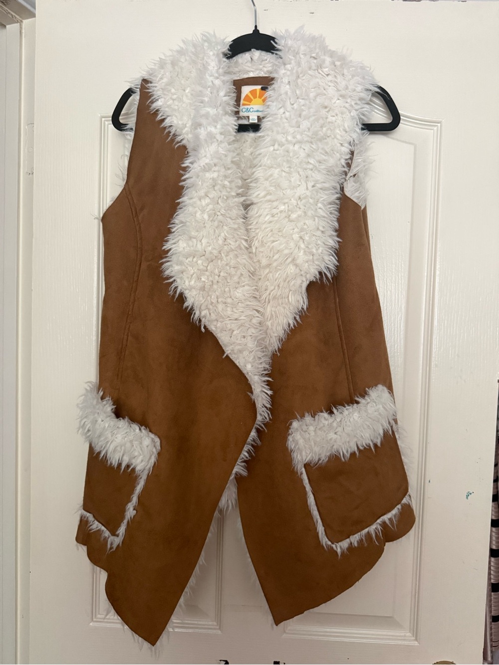 C&C California Faux Fur Vest - Brown with White Fur Trim